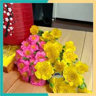Set 30 chùm hoa mai hoa đào 3 lớp lụa - cành hoa mai/đào 3 bông 3 nụ giả bằng lụa loại đẹp trang trí tết