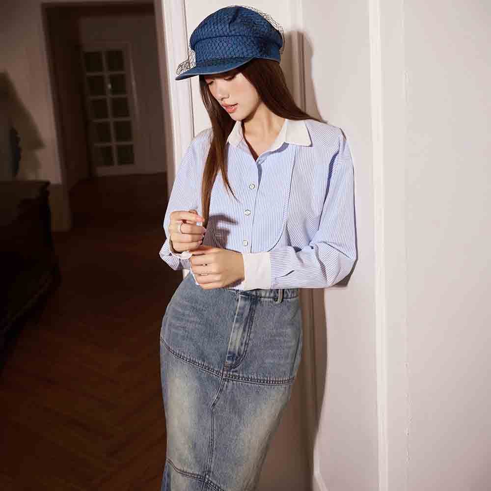 RECHIC Áo croptop sơ mi Xixi cotton tay dài trẻ trung năng động
