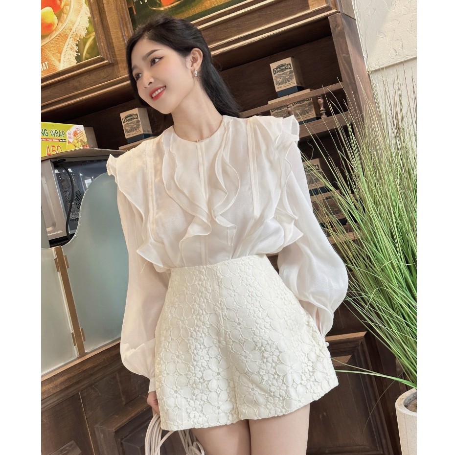 RECHIC Áo kiểu Jessy dáng sơ mi bèo ngực tay bồng nút cài tiểu thư tinh tế