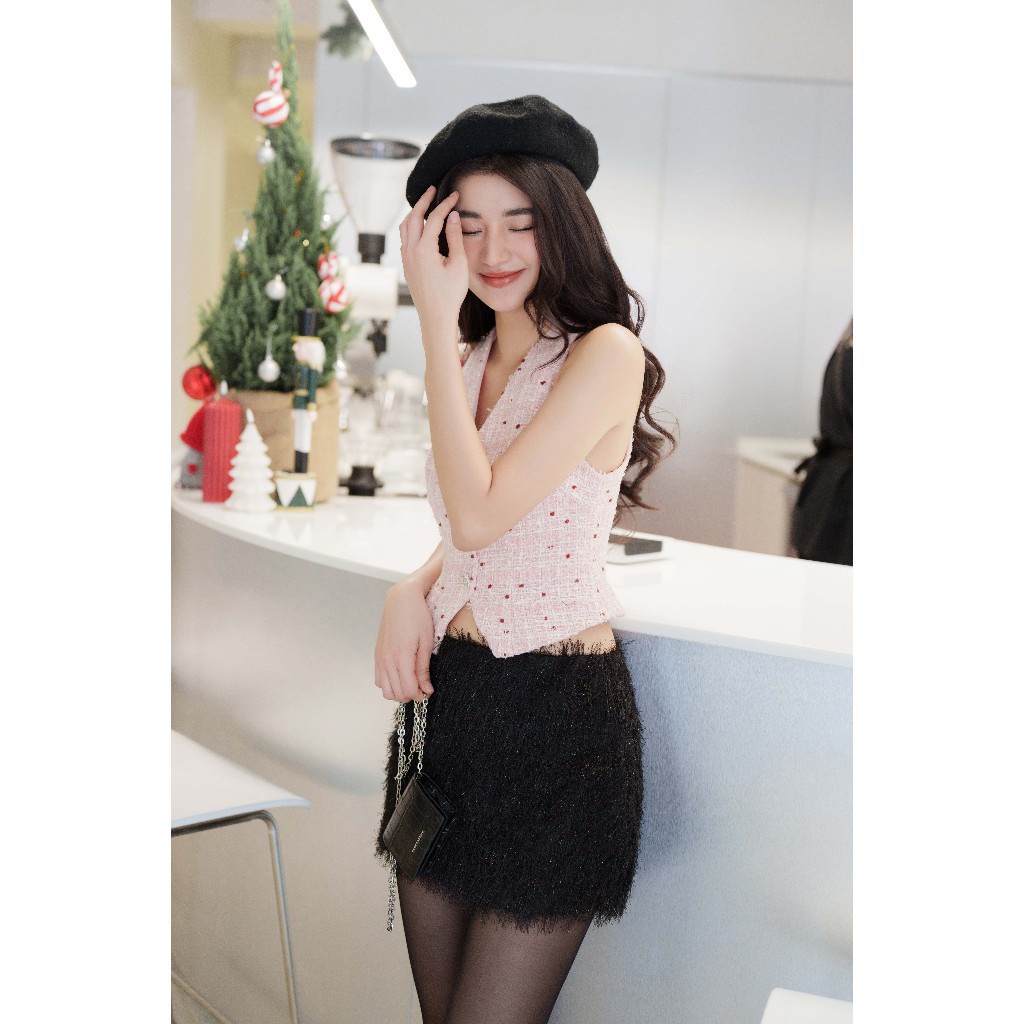 RECHIC Áo kiểu Juun croptop cổ V chất tweed tiểu thư sang trọng