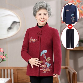 Quần áo phụ nữ trung niên và người cao tuổi áo khoác len xuân thu của bà mùa đông người già bộ đồ nhung dày ấm