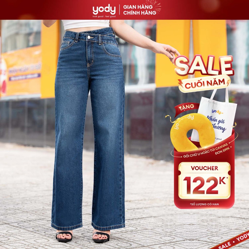 Quần jeans nữ YODY ống suông, lưng cao, vạt chéo trẻ trung, hiện đại, thoải mái QJN6018