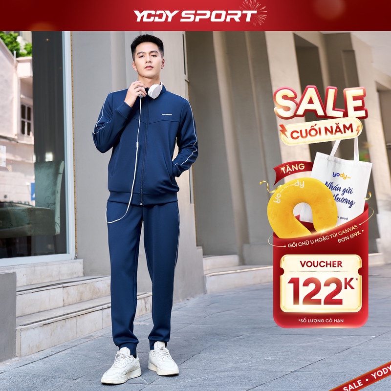 Set bộ đồ thể thao nam YODY chất nỉ nhẹ, xốp, chắc chắc, áo khoá kéo trẻ trung, năng động SDM5007