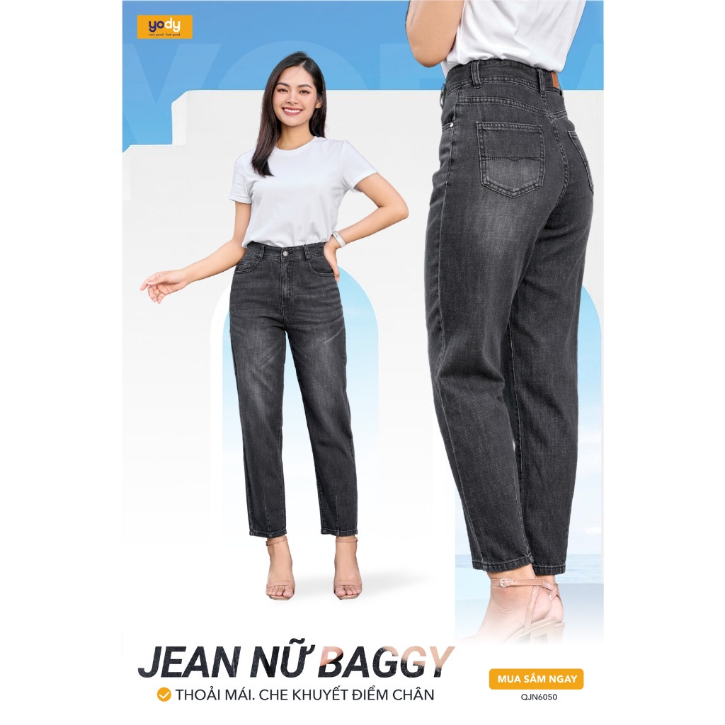 Quần jean nữ baggy YODY cotton chiết ly ống không phai màu chuẩn phom QJN6050