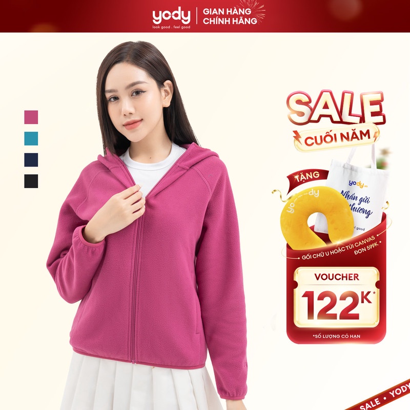 Áo khoác nỉ nữ cào lông YODY có mũ ấm áp thời trang thu đông siêu nhẹ AKN6040
