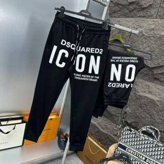  Quần jogger dài nam Dsq2 nỉ da cá đen trơn in chữ ICON trắng đùi ống bo cạp chun dây rút dệt chữ dành cho boy phố đi hát 