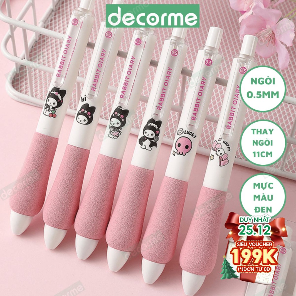 Bút Gel Mực màu đen 0.5mm Decorme họa tiết Sanrio Kuromi màu hồng dễ thương bút bấm có đệm tay siêu êm có bán lẻ
