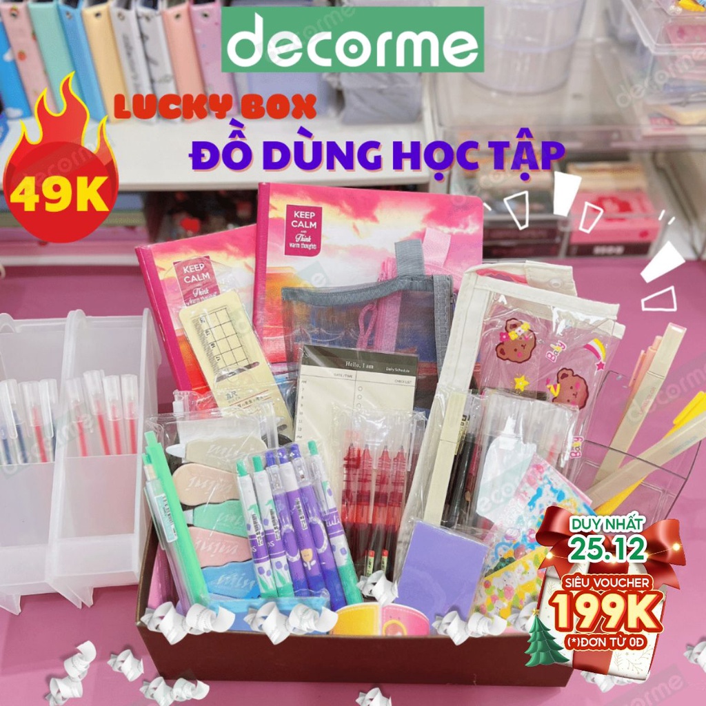 Lucky box test nhân phẩm đồ văn phòng phẩm bút gel, vở viết, túi đựng bút