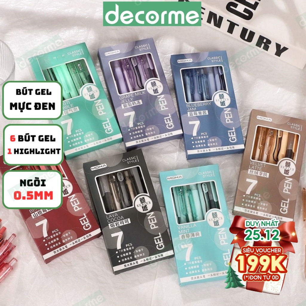 Set 7 bút Moka Decorme full loại ngòi bút gel màu đen, highlight đánh dấu thiết kế đa dạng phụ kiện văn phòng phẩm