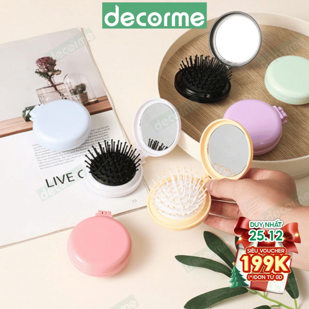 Gương lược mini Decorme có thể gấp gọn, lược trải đầu massage cầm tay nhỏ gọn tiện lợi phong cách cute dễ thương