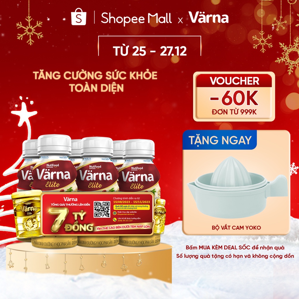 Lốc 6 sữa bột pha sẵn Värna Elite - Chứa Sâm Ngọc Linh Đông Trùng Hạ Thảo (6 chai x 237ml) - Varna