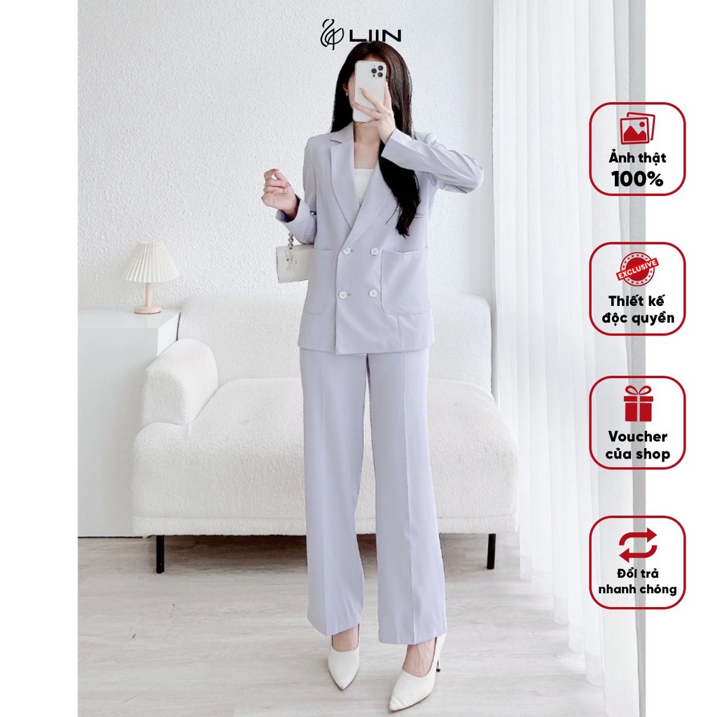 Bộ Áo Vest Tím Pastel Dài Tay Sang Trọng + Quần Dài Ống Suông Tím Pastel Thời Trang Thiết Kế - VED046 /QAS032