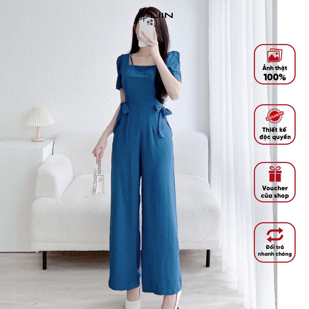 Bộ Jumpsuit nữ cổ vuông Liin Clothing Chất Liệu Đũi Nhăn Xanh Thắt Nơ Eo - JS0099-0622
