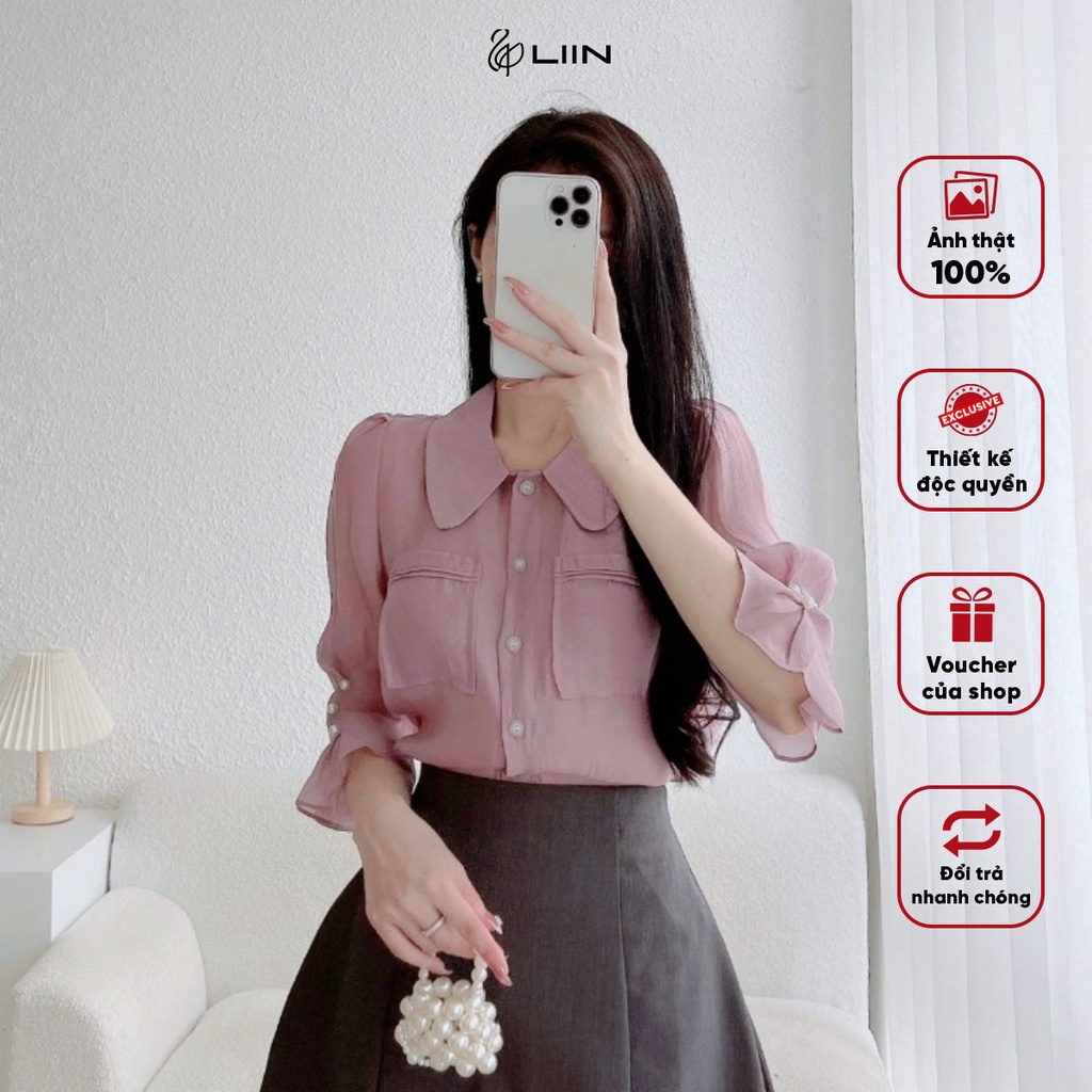 Áo Sơ Mi Nữ Liin Clothing Công Sở Chất Lụa Hàn Tay Lỡ Đính Ngọc Sang Trọng SML148