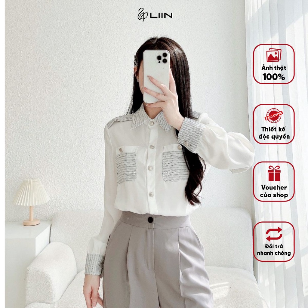 Áo Sơ Mi Trắng Phối Kẻ Liin Clothing Thiết Kế Thanh Lịch - SMD260MIX -F23