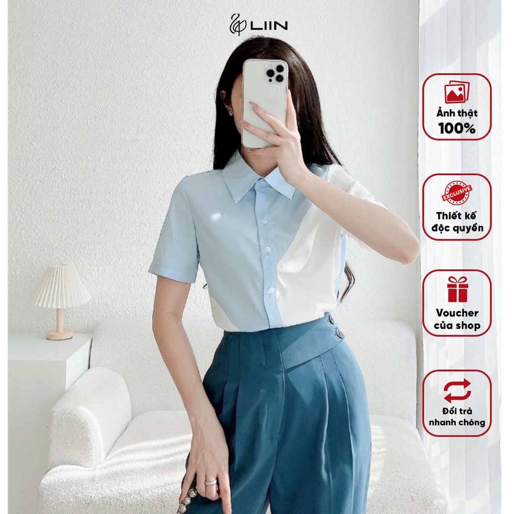 Áo Sơ Mi Cộc Tay Xanh Phối Trắng Liin Clothing Chất Liệu Cao Cấp Mặc Thoáng Mát - SMC073MIX-S23