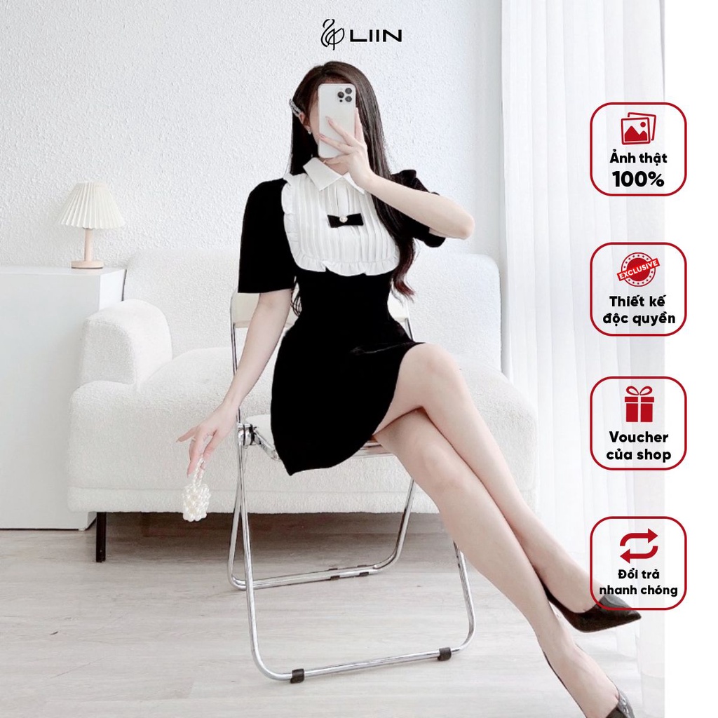Váy Nhung Đen Dáng Ngắn Kèm Nơ Tiểu Thư, Váy Ngắn Tay Nữ Chất Nhung Không Giãn Liin Clothing - D6725-1022