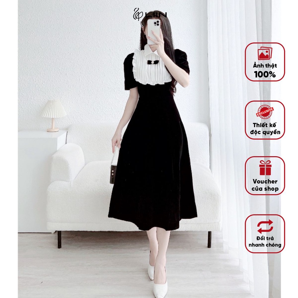 Váy Nhung Đen Dài Kèm Nơ Tiểu Thư, Váy Ngắn Tay Nữ Chất Nhung Không Giãn Liin Clothing - D6720-1022
