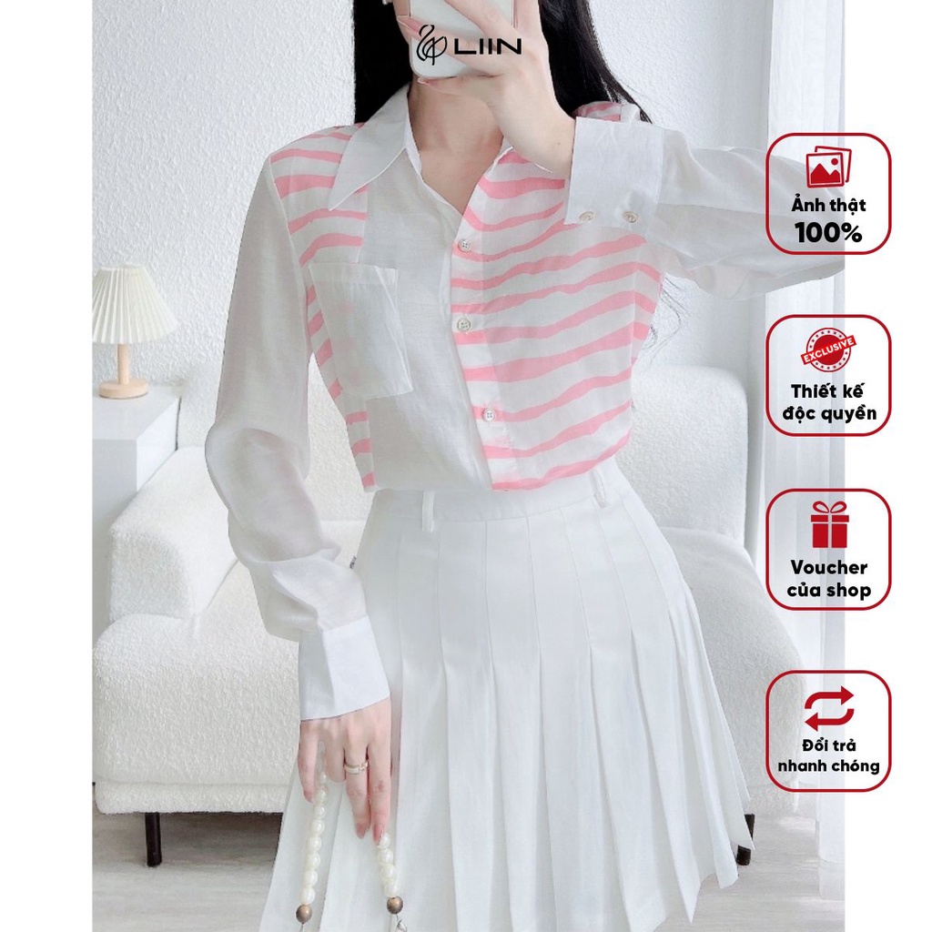 Áo Sơ Mi Liin Clothing Phối Kẻ Hồng Túi Trắng Thiết Kế Thanh Lịch - SMD190MIX-S23