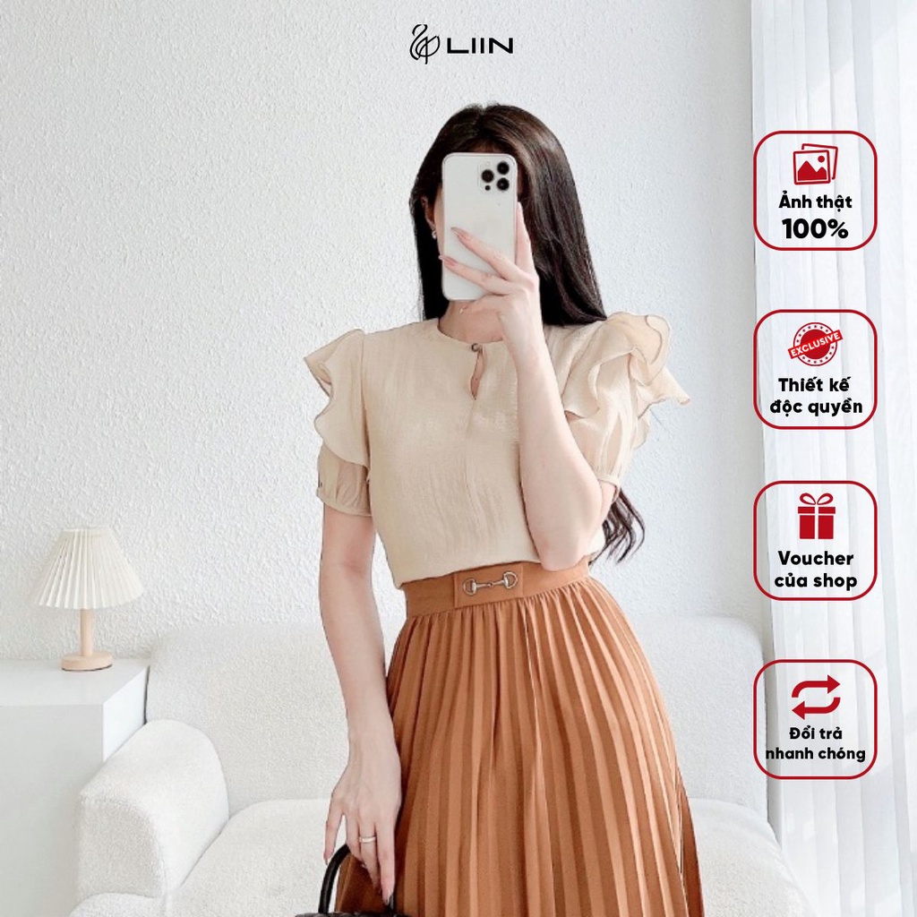 Áo Sơ Mi Nữ Cộc Tay Nữ Liin Clothing Chất Liệu Crep Be Phối Tay Bèo - AKC249SBE-S23