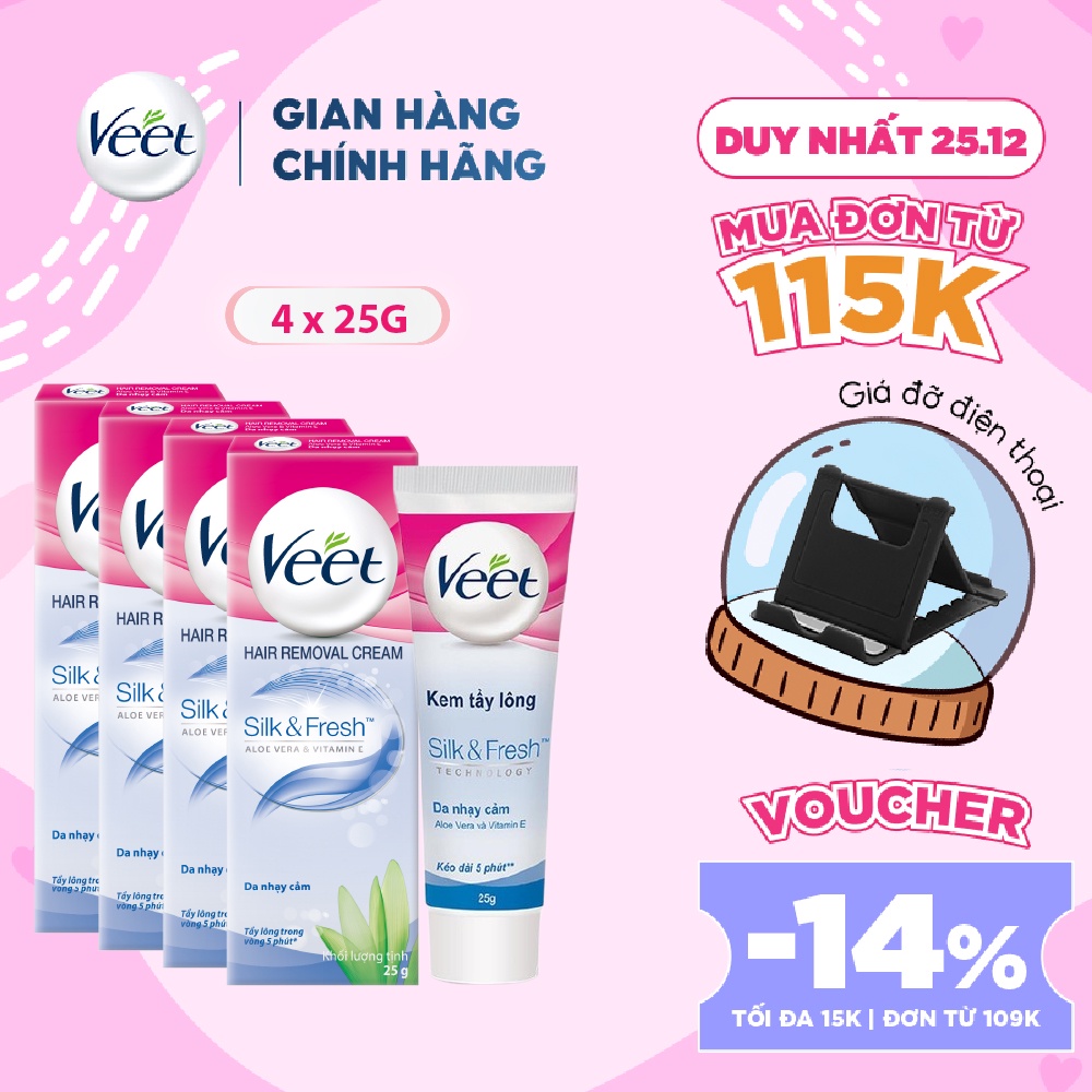 Combo 4 tuýp Kem tẩy lông cho da nhạy cảm Veet Silk Fresh 25G/tuýp