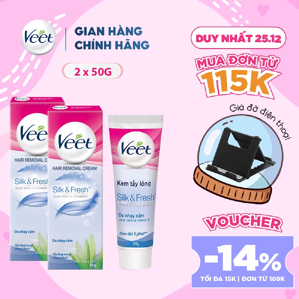 [Mã FMCGVEET71 giảm 8% đơn 150k] Combo 2 Kem tẩy lông cho da nhạy cảm Veet Silk Fresh 50g/tuýp