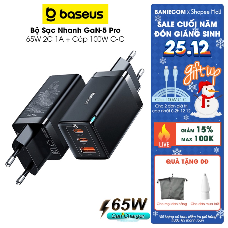 Bộ sạc nhanh 65W Baseus GaN5 Pro Fast Charging 2C1A chuẩn PD3.0 QC3.0 PPS2.0 - BANIECOM
