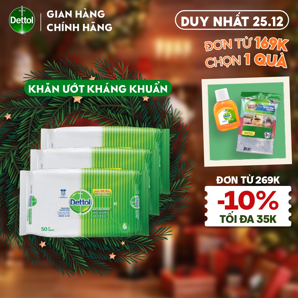 Combo 3 khăn ướt Dettol kháng khuẩn