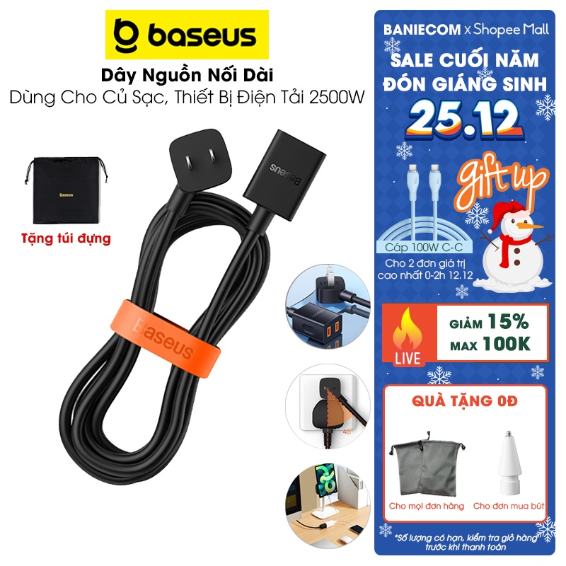 Dây nguồn 250V/10A 2500W Baseus PowerCombo mini PowerStrip 1AC 1m cho chân cắm US/CN PS211 - BANIECOM