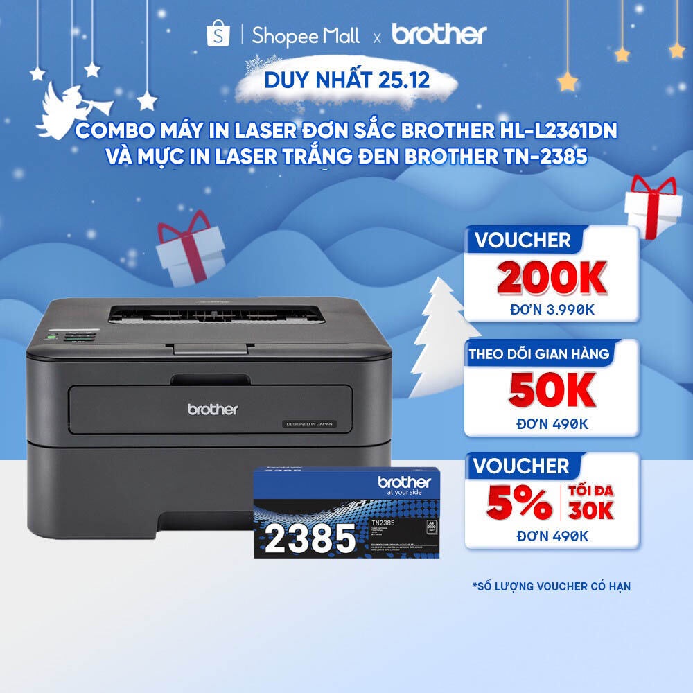 [Mã ELCL12 giảm 9% đơn 300K] Combo Máy in laser đơn sắc Brother HL-L2361DN và Mực in laser trắng đen Brother TN-2385