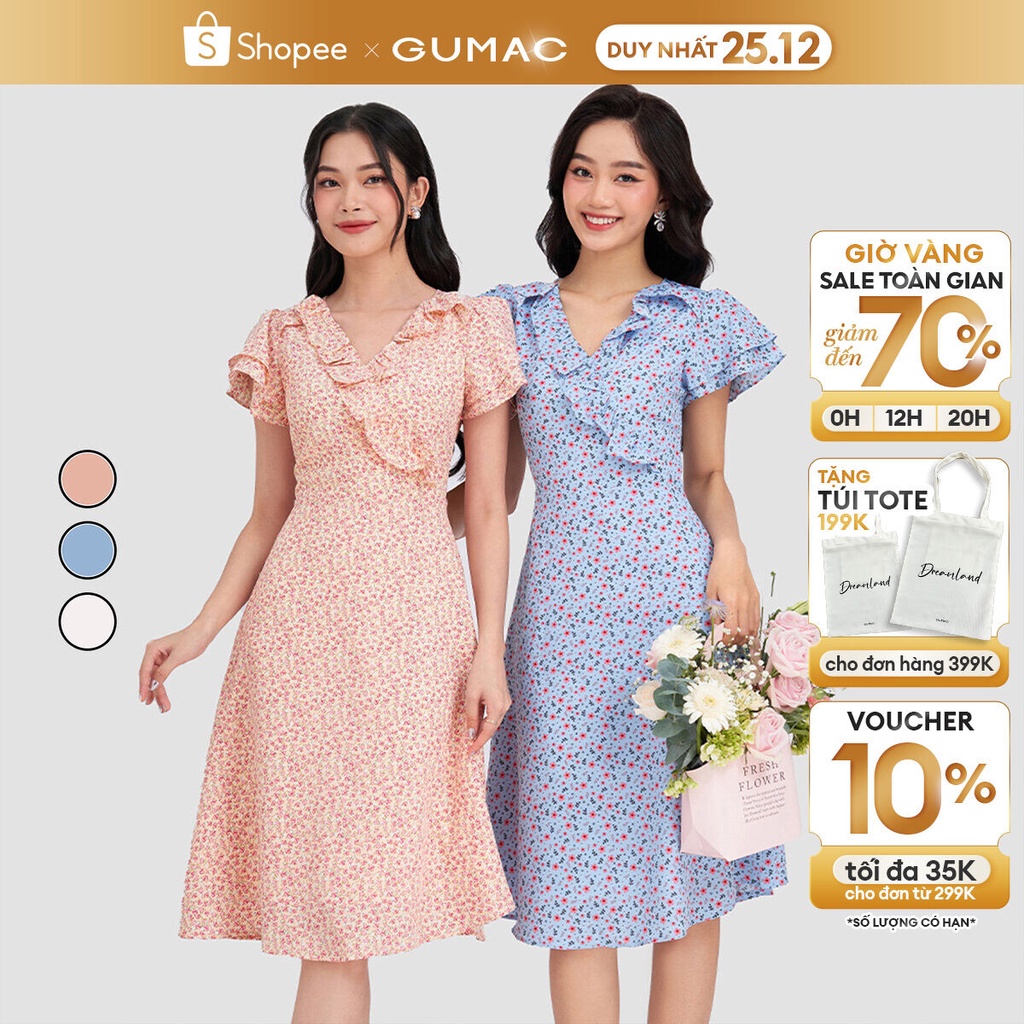 Đầm hoa nhí nữ phối bèo GUMAC DD03049
