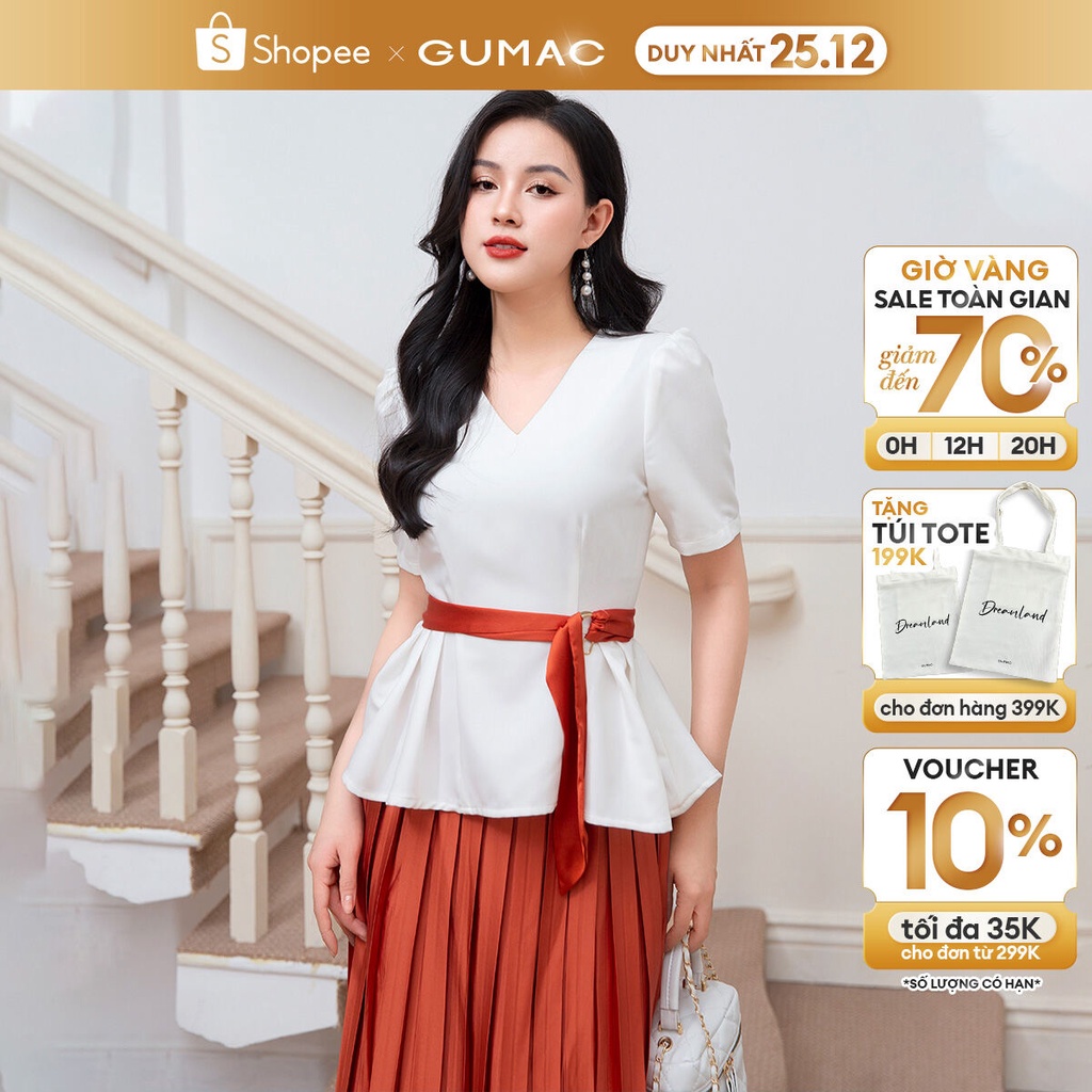 Áo kiểu nữ peplum phối dây màu trắng sang trọng thời trang GUMAC AD10008