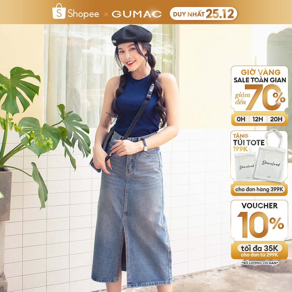 Chân váy jean nữ dáng dài midi xẻ tà trước YV43 GUMAC