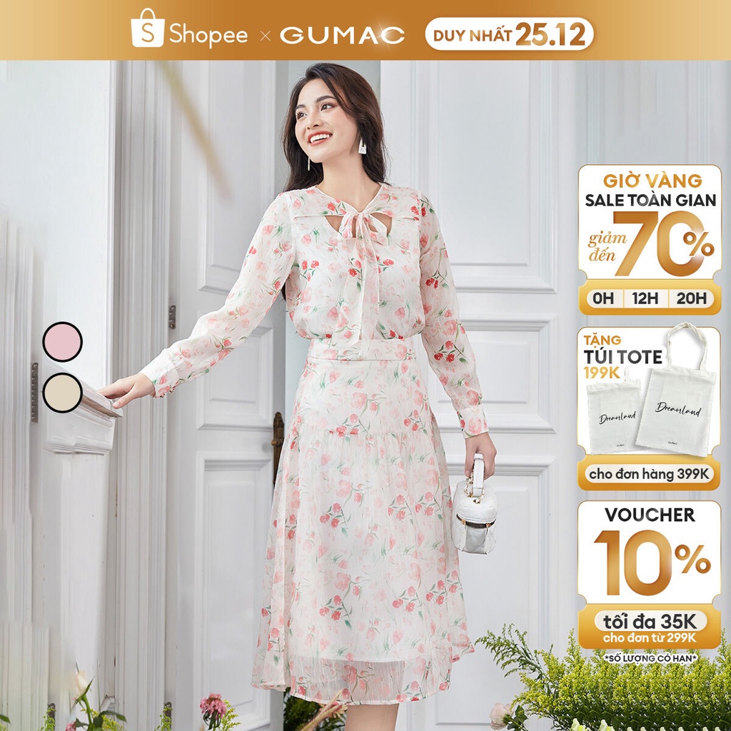 Set lẻ Áo kiểu cổ nơ thời trang GUMAC AD12062 - Chân váy hoa rã tầng thời trang GUMAC VD12026