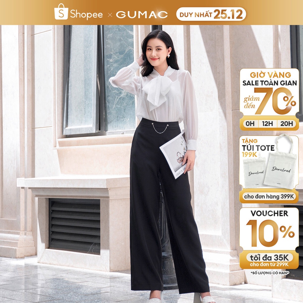 Quần tây công sở ống rộng GUMAC QD09012 bản lưng đính phụ kiện trang trí