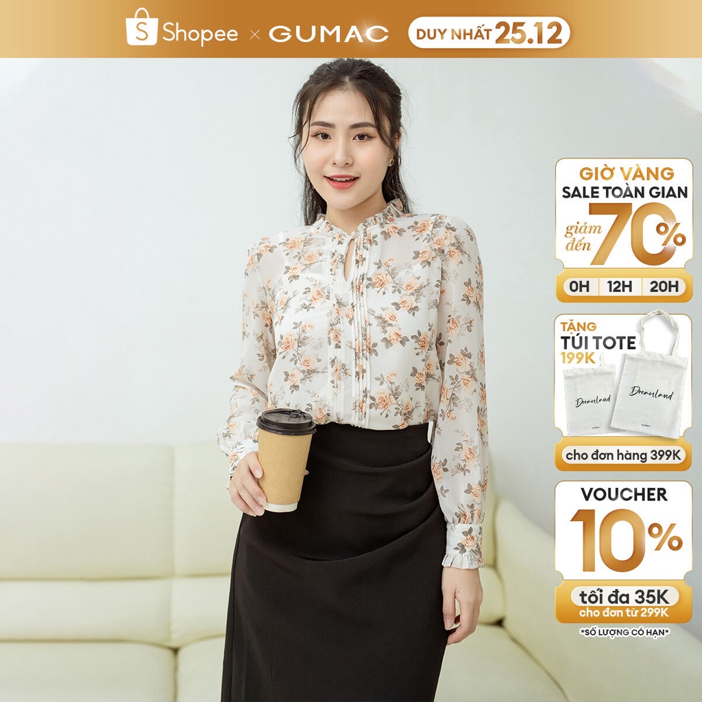 Áo kiểu GUMAC AD08017 phom suông tay dài vải voan hoa nhí xếp ly viển bèo