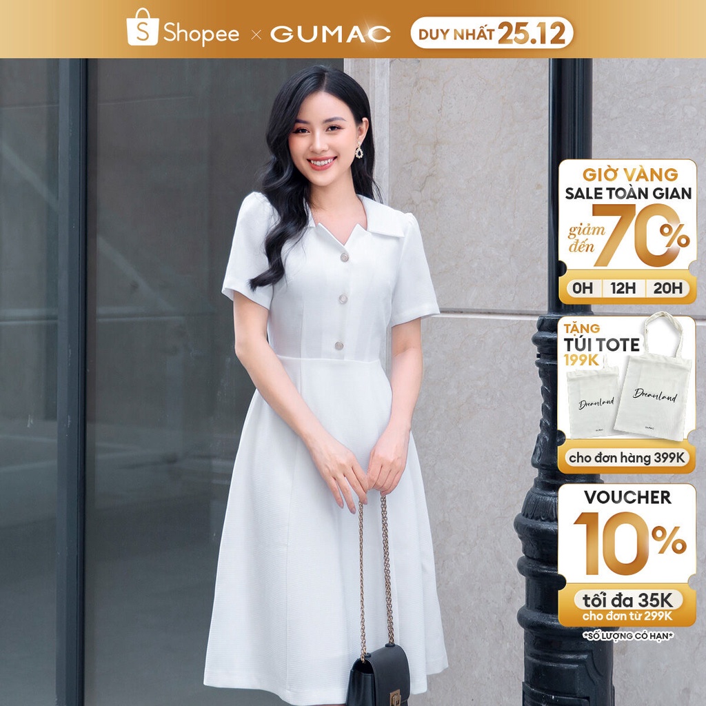 Đầm phom A nữ GUMAC DD09042 tay ngắn phối cổ kiểu đính nút trang trí