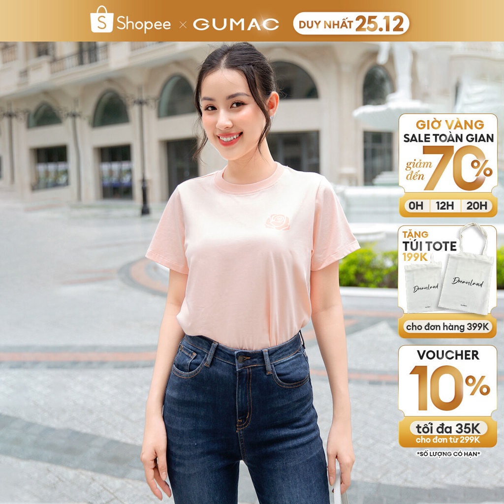 Áo thun nữ cổ tròn GUMAC ATD09044 tay ngắn có in nhung chữ thanh lịch, tinh tế