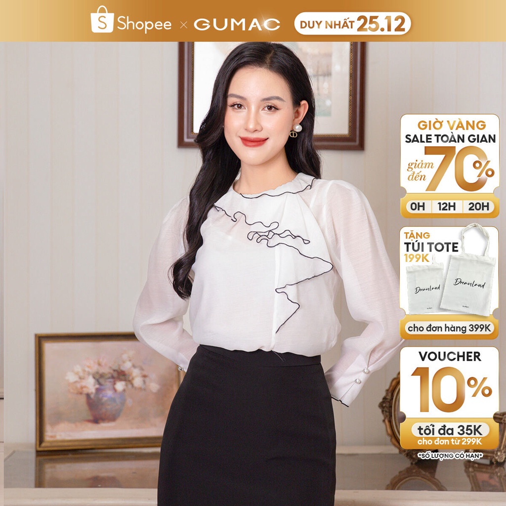 Áo sơ mi nữ tay dài GUMAC AD10024 cổ xếp bèo tạo kiểu sang trọng
