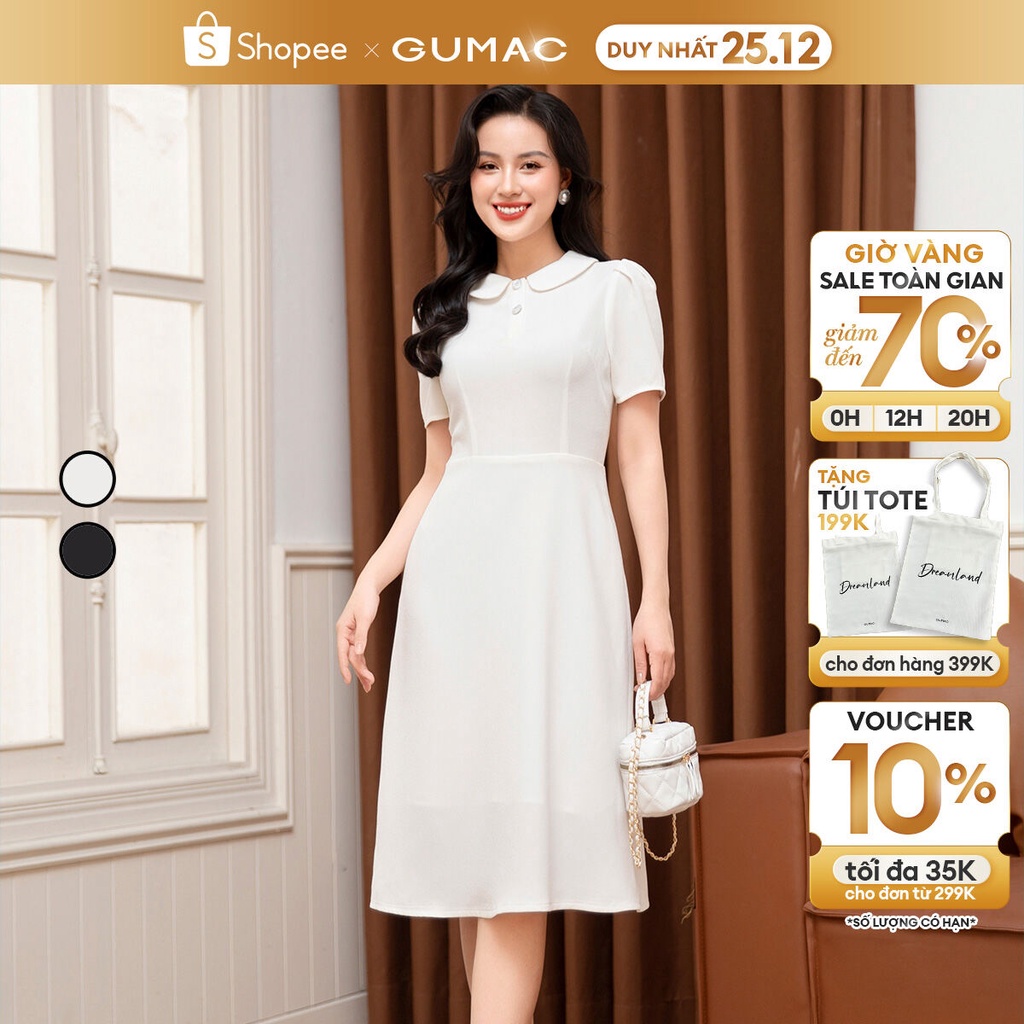 Đầm nữ dáng A GUMAC DD10063 tay ngắn xếp li phồng sang trọng thanh lịch