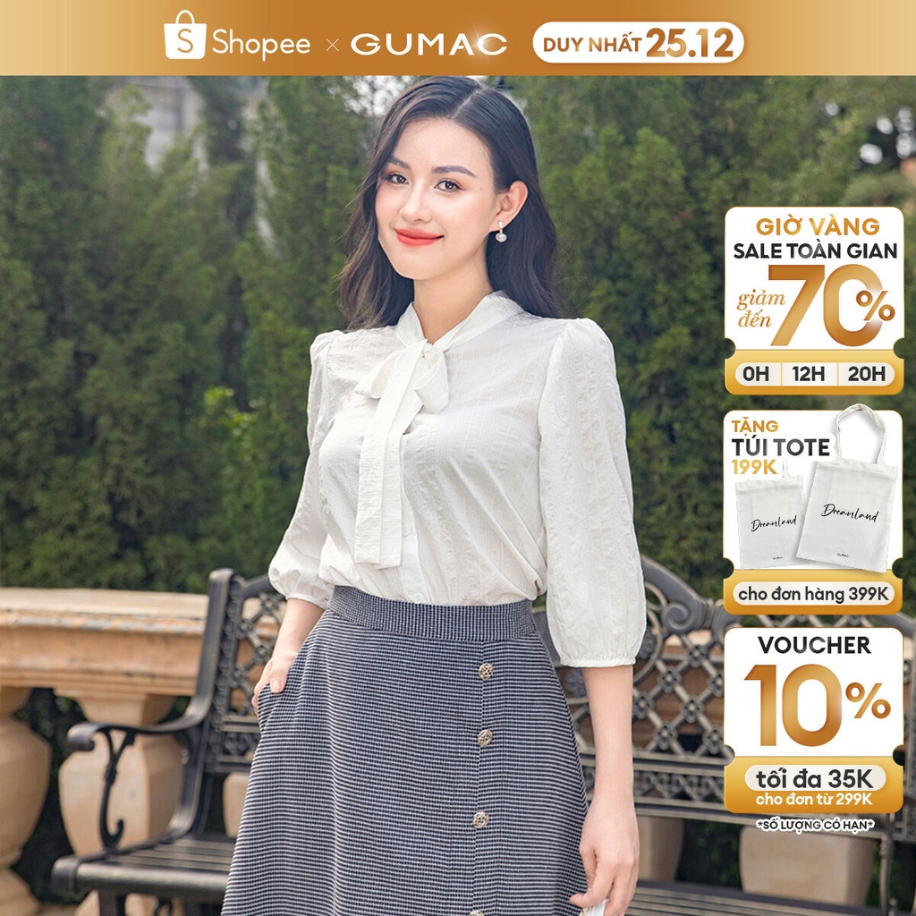 Áo kiểu cổ nơ tay lỡ kiểu phồng thanh lịch công sở màu trắng GUMAC LAD1101