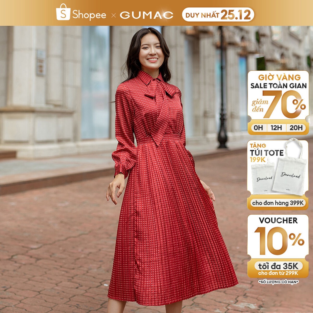 Đầm dập ly buộc nơ thời trang GUMAC DD06042