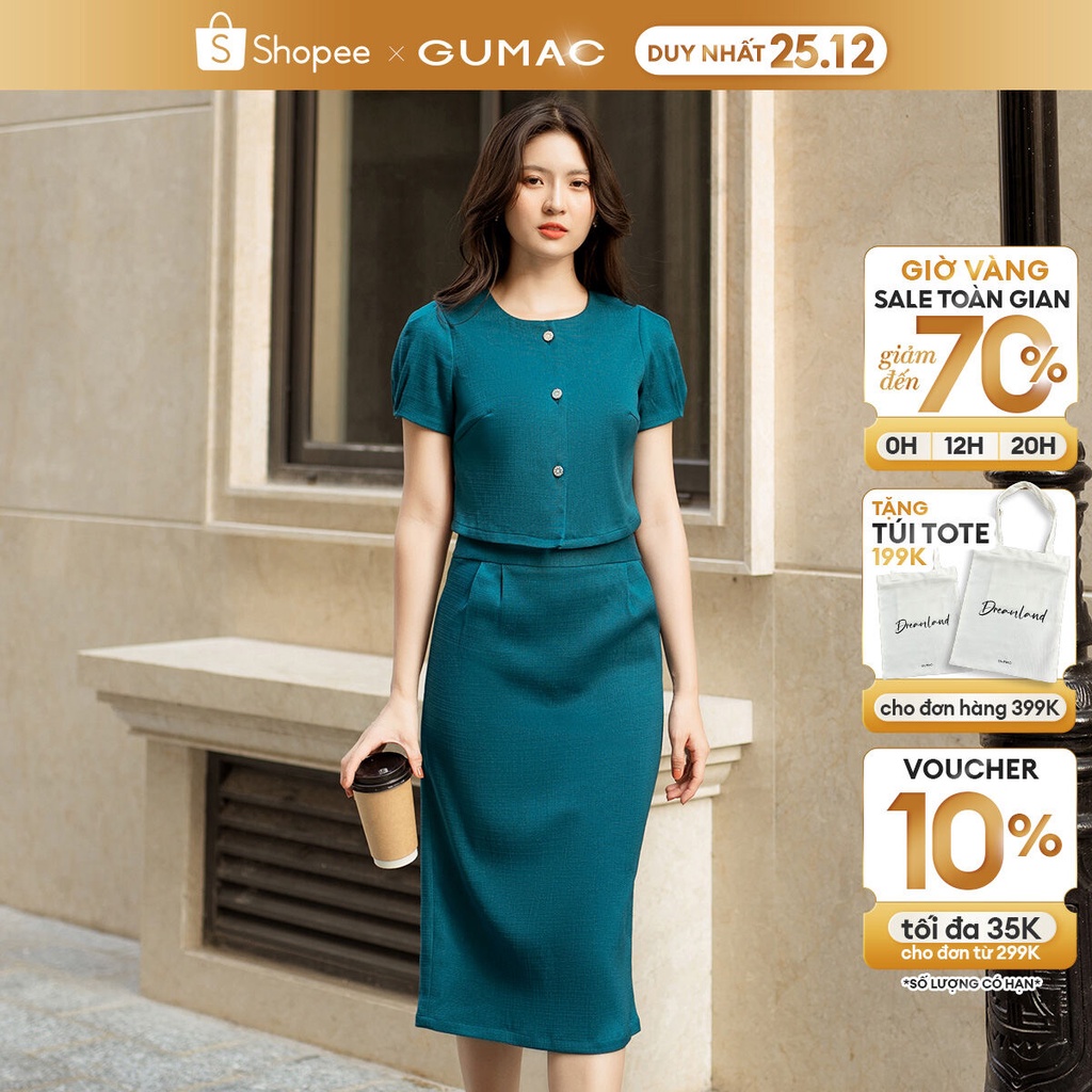 Set lẻ Áo croptop tay phồng GUMAC AD05017 - Chân váy suông xếp ly VD05018
