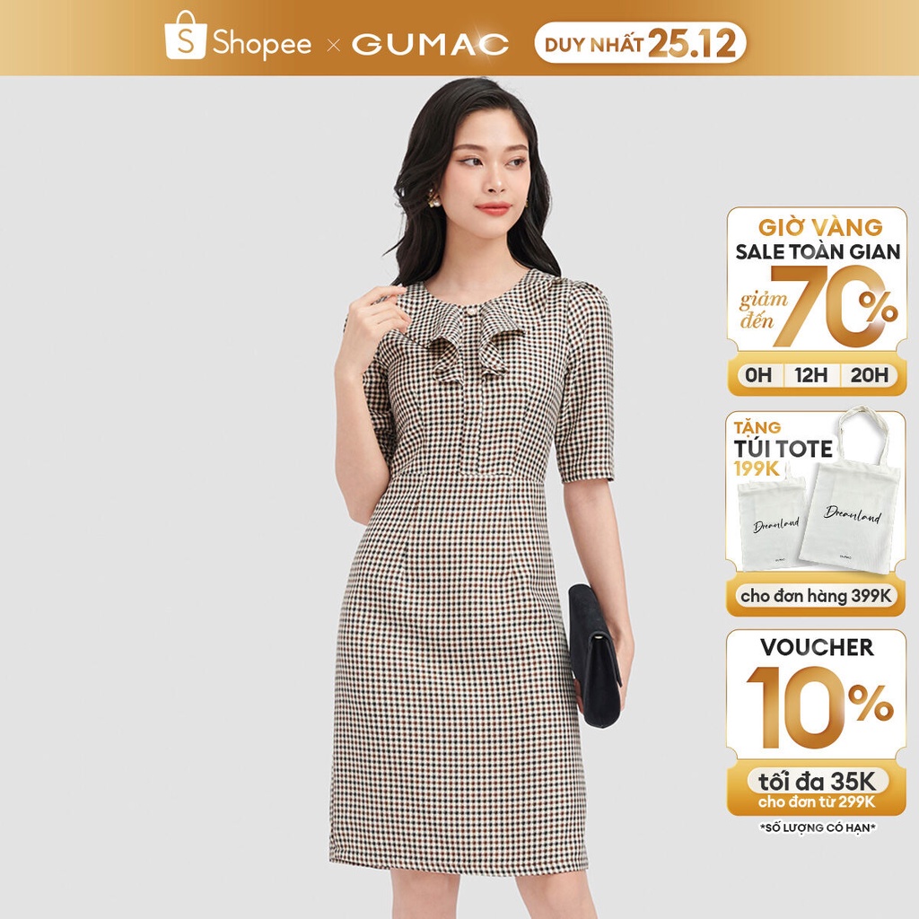 Đầm dáng A caro cổ bèo GUMAC LD0918