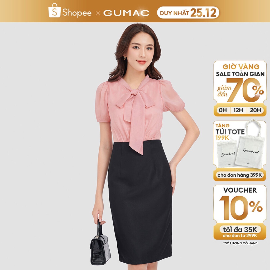 Đầm body nữ nhún eo thời trang GUMAC họa tiết nơ cổ DC09071