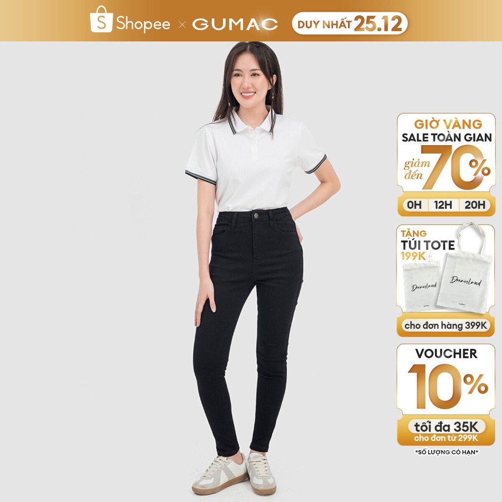 Quần kaki nữ GUMAC lật lai màu đen 1 lớp suông nhẹ co giãn QJC07049