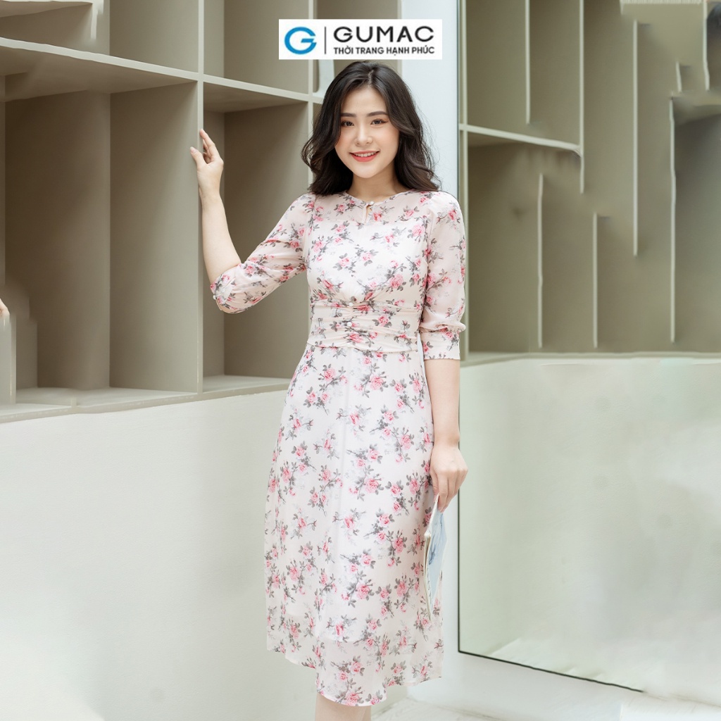 Đầm hoa nữ dáng xòe nhún eo GUMAC DD03006