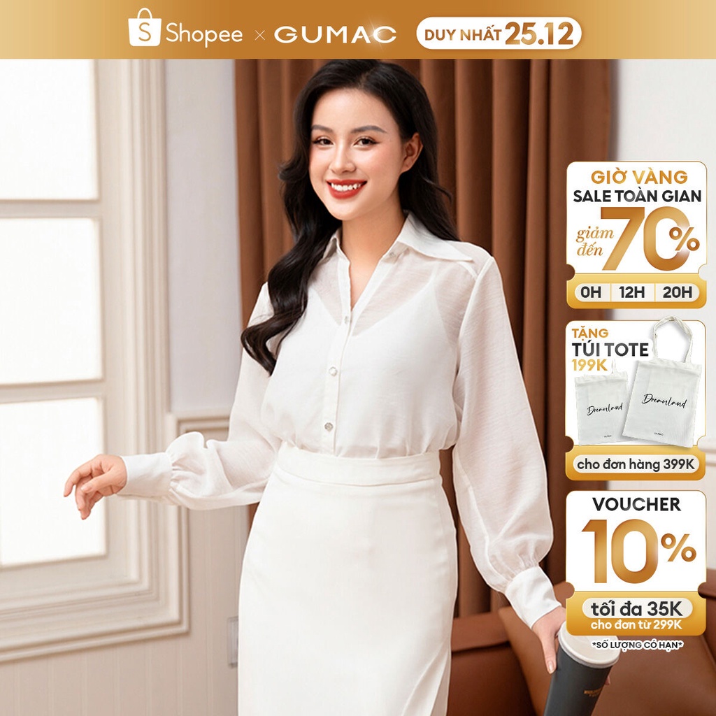Áo sơ mi nữ GUMAC AD10029 cổ V, chất chiffon kèm áo hai dây lót