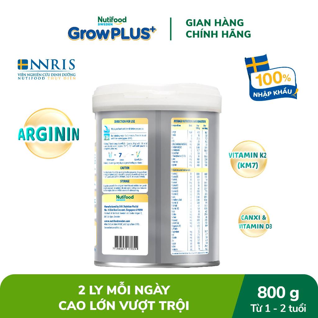 Sữa Bột Nutifood Sweden GrowPLUS+ Cao lớn vượt trội (Bạc) 800g