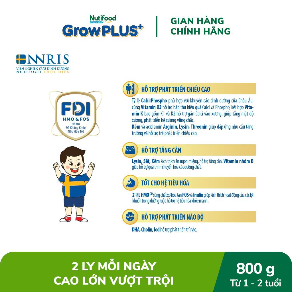 Sữa Bột Nutifood Sweden GrowPLUS+ Cao lớn vượt trội (Bạc) 800g